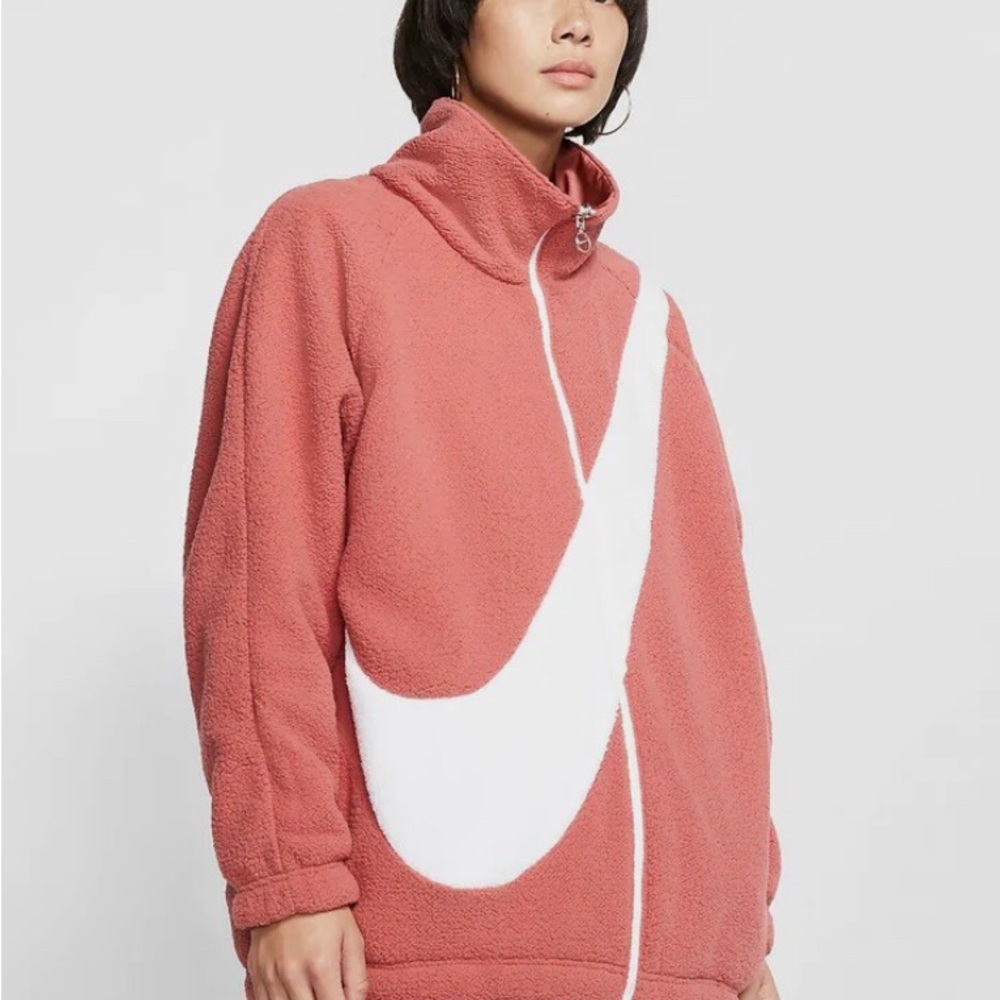 EUC XL-XXL Nike Coral Sherpa Reversible Jacket with White Swoosh Logo